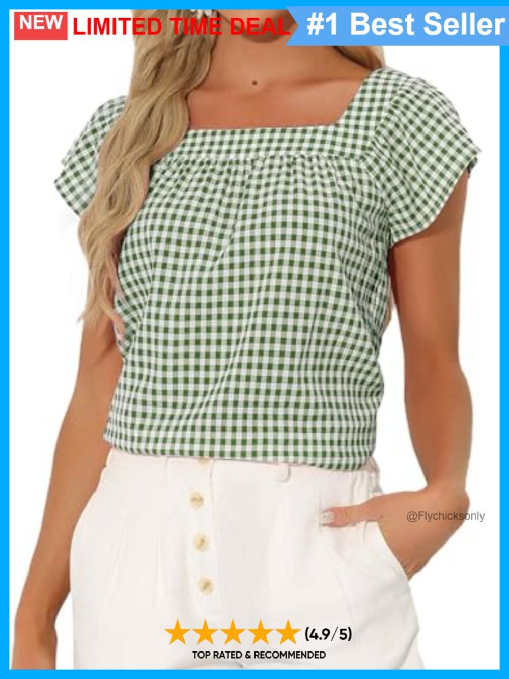 Gingham Plaid Blouse with Cap Sleeves Square Neck Ruffle Trim